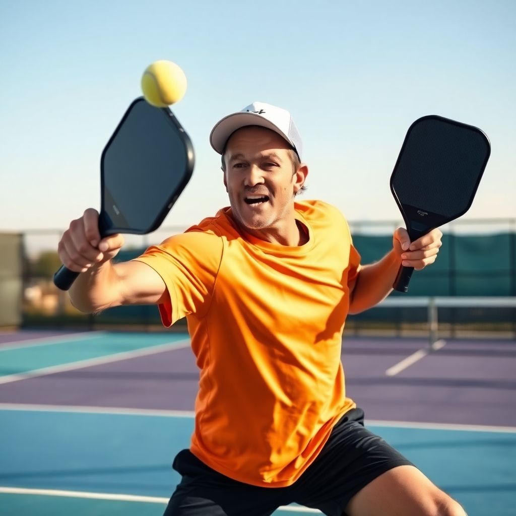 Pickleball player serving on a sunny court.