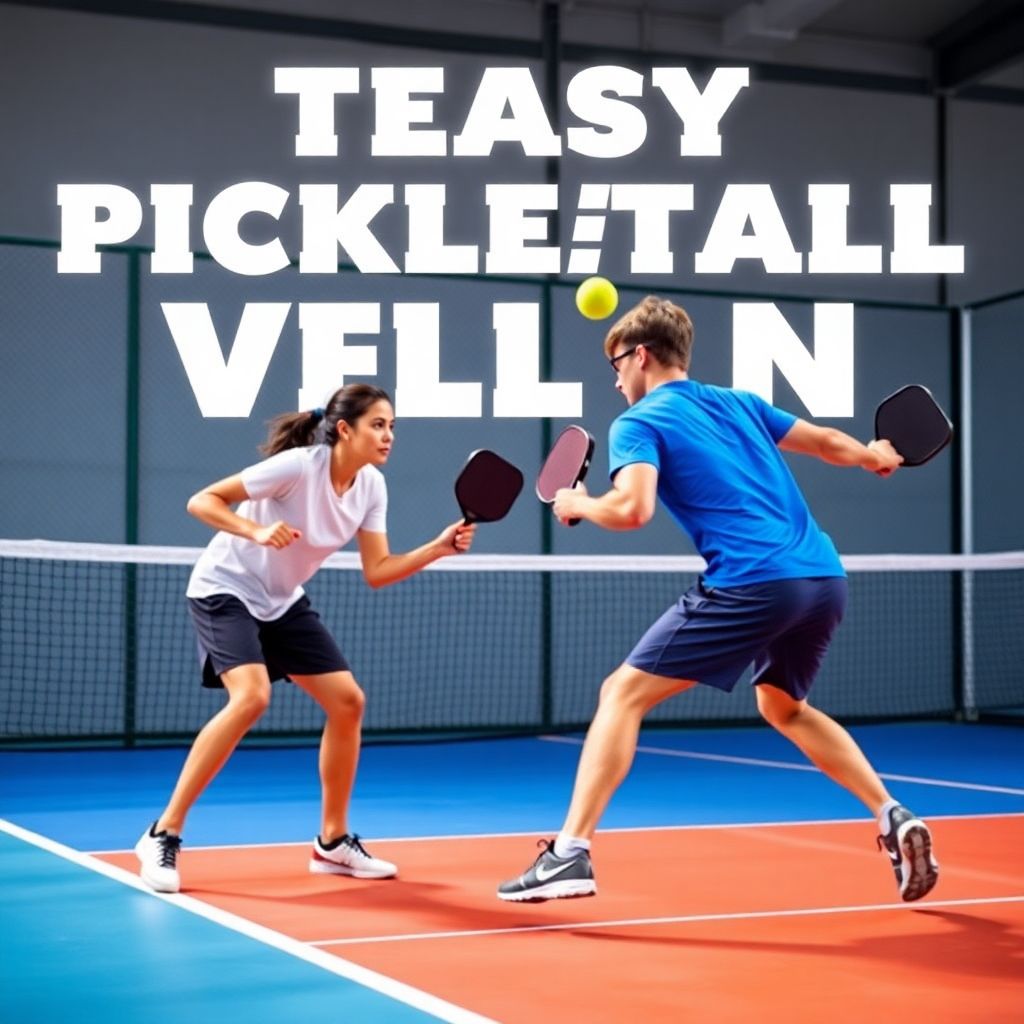 Two players volleying a pickleball on a colorful court.