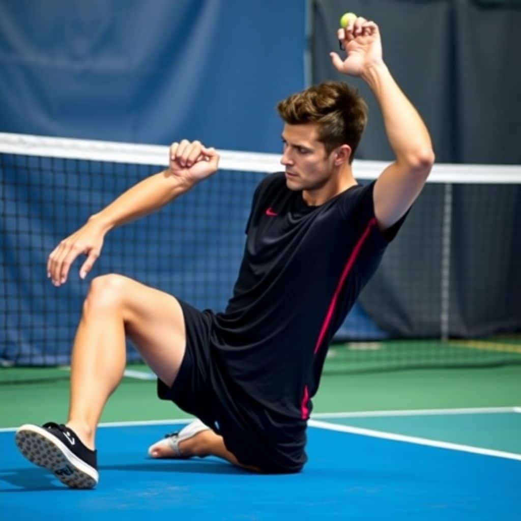 Person stretching on a pickleball court after a game.
