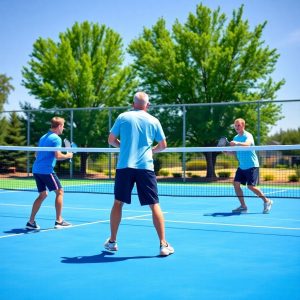 People playing pickleball on an outdoor court.