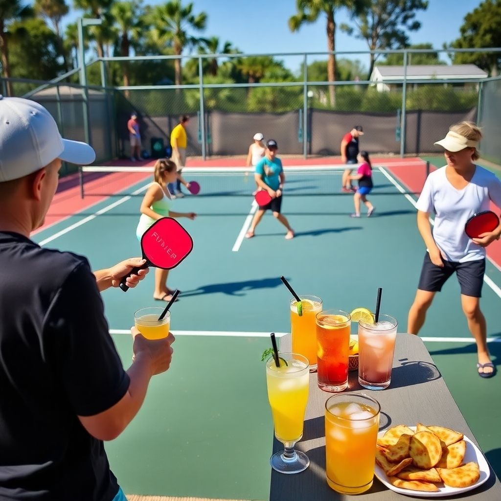Pickleball players with drinks on the sidelines of a game.