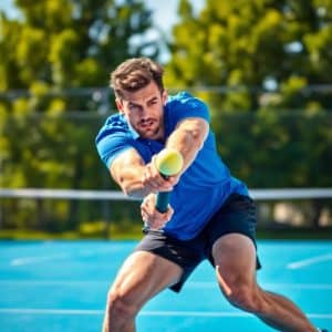 Pickleball player lunging for ball on court.