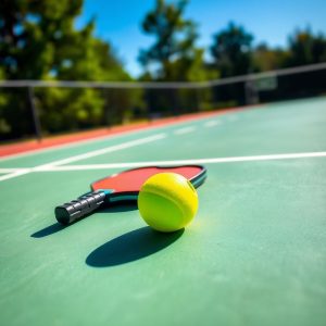 Pickleball court with bright green ball and paddles.