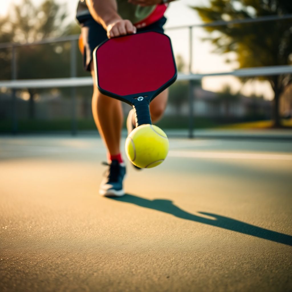 Pickleball player serving on court.