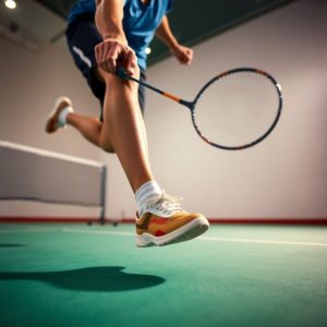 Badminton player lunges low to hit shuttlecock.