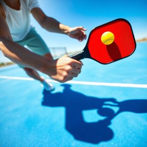 Pickleball player serving on court.