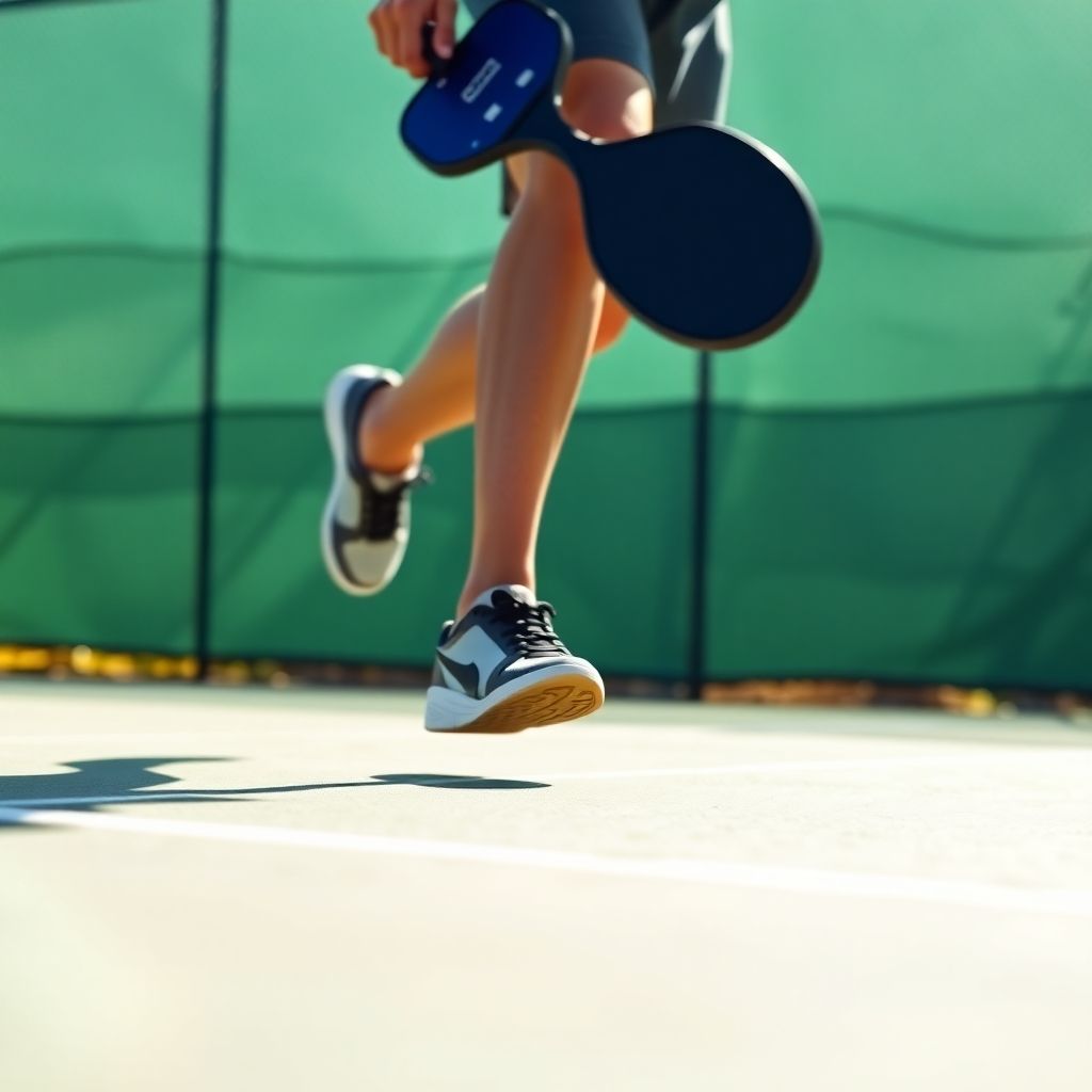 Pickleball player moving quickly on court, dynamic pose.