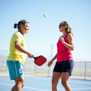 Two pickleball players on court, paddles ready.