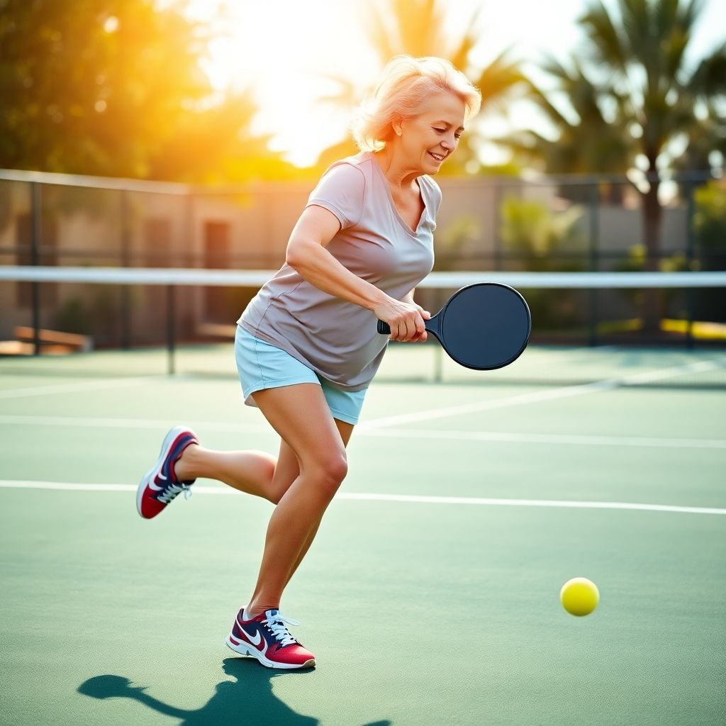 Senior woman playing pickleball, focused on footwork.
