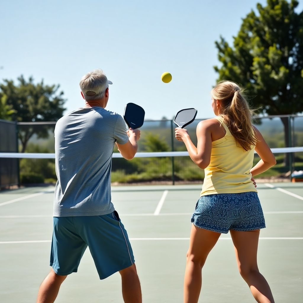 Pickleball court with players in action.