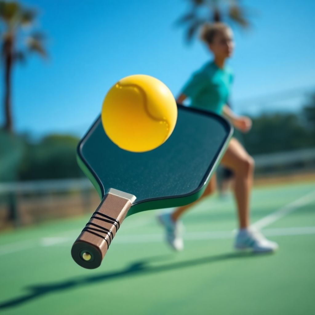 Pickleball player hitting ball on court, realistic.
