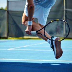 Tennis player lunging, ready for forehand volley shot.