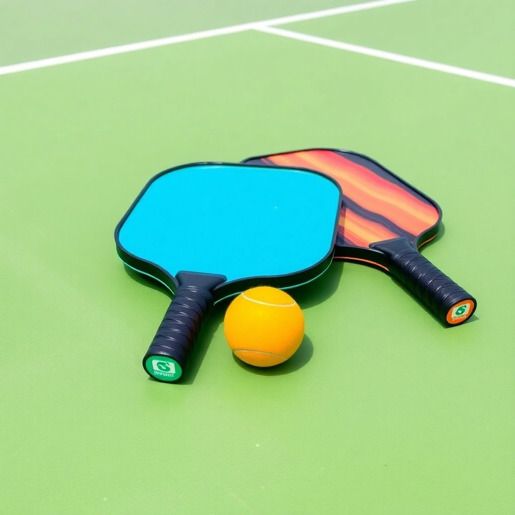Two pickleball paddles and balls on a court.