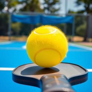 Pickleball paddle hitting ball on court.