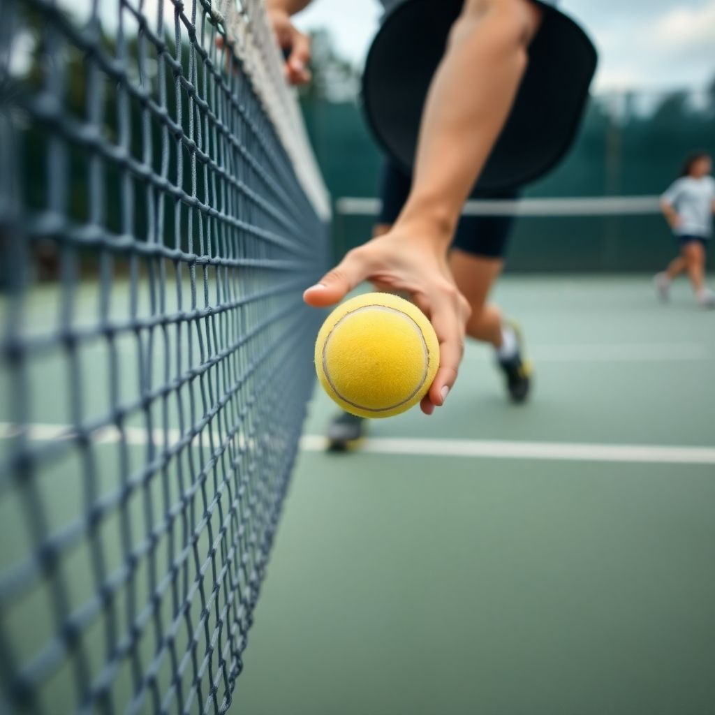 Pickleball player hitting a forehand volley on court.