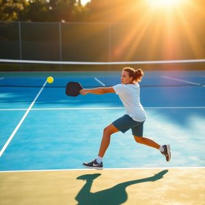 Pickleball player hitting ball on court.