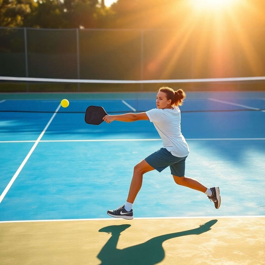 Pickleball player hitting ball on court.