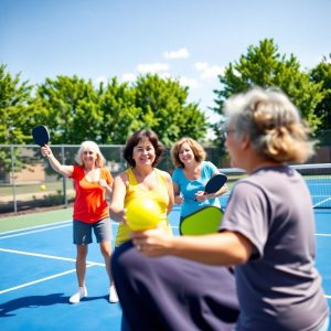 Four adults playing pickleball outdoors