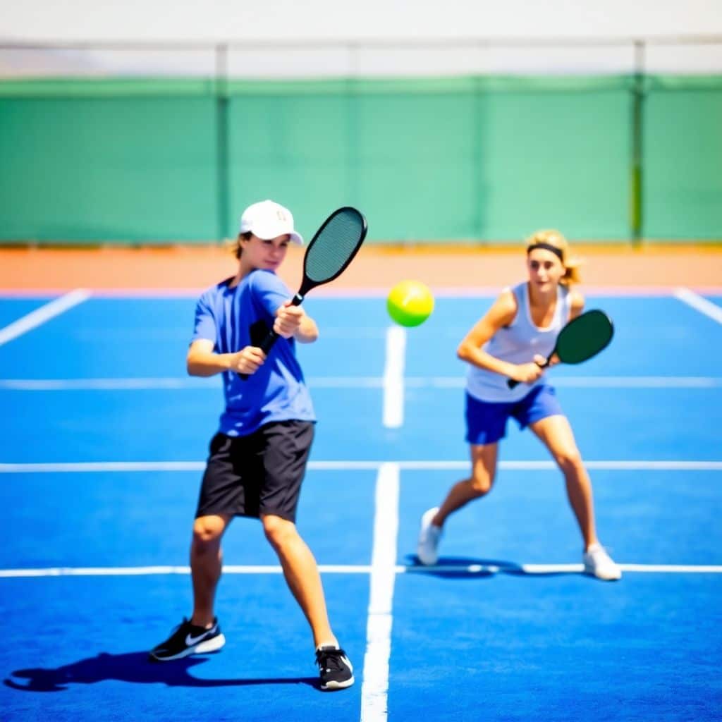 Two players actively engaged in a pickleball match.