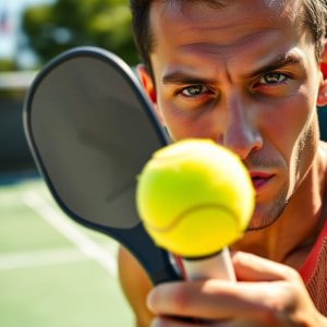 Pickleball player hitting ball on court.
