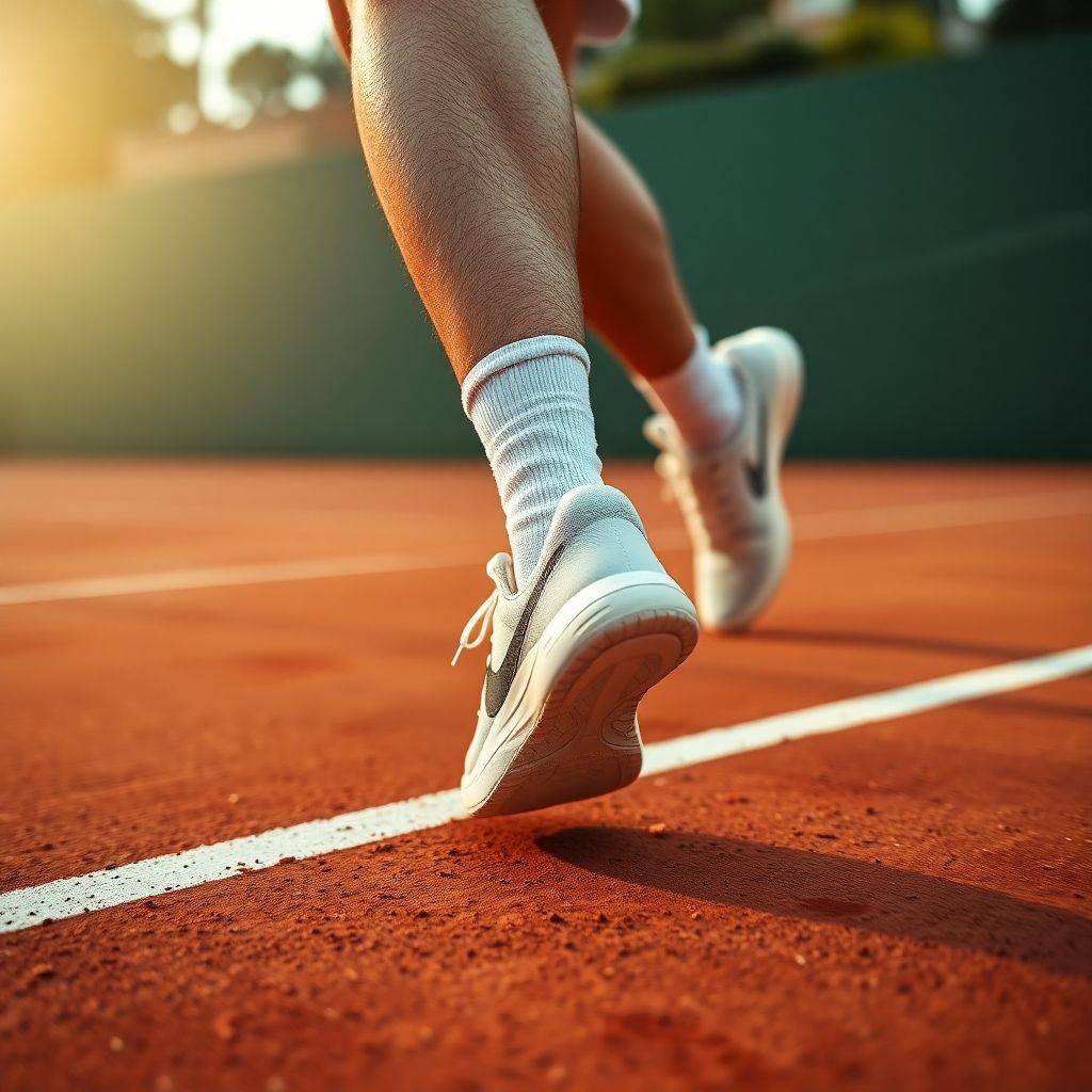 Tennis player's feet in motion on court.