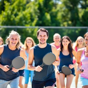 Friends playing pickleball, vibrant court