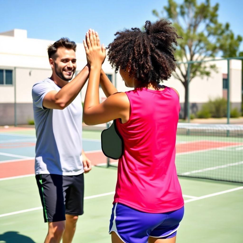 Two smiling pickleball players high-fiving on court.