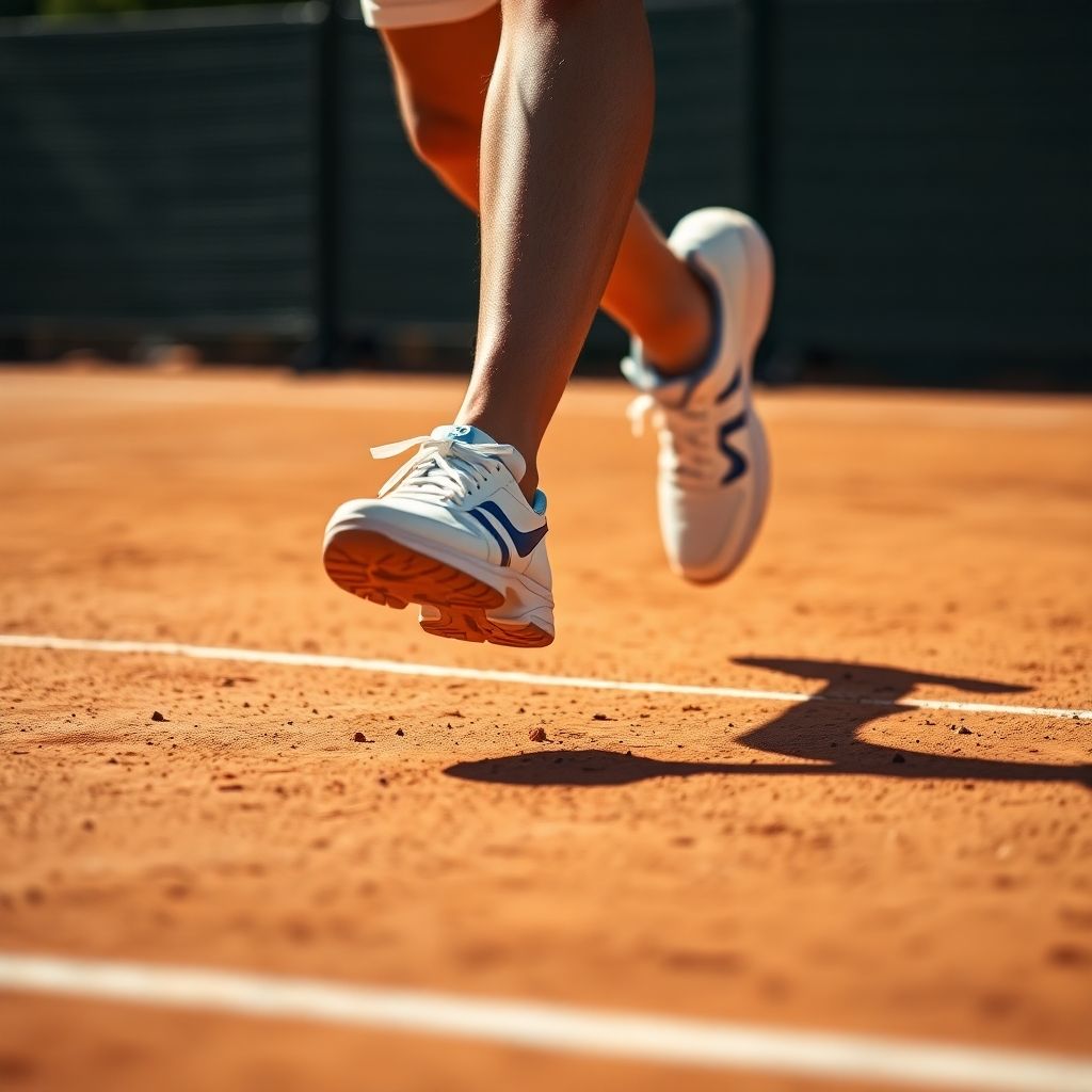 Tennis player's feet in motion on court.