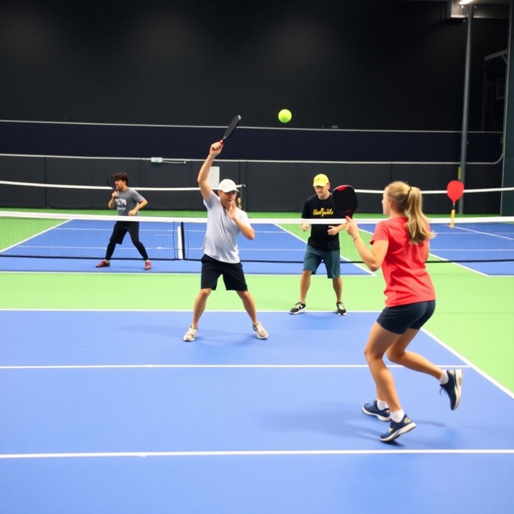 Players on pickleball court with paddles and ball.