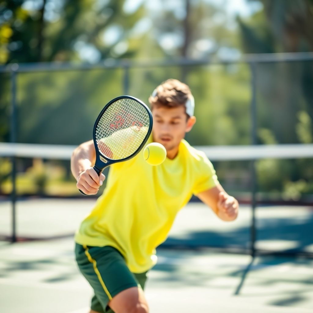 Player hitting pickleball powerfully on a sunny court.