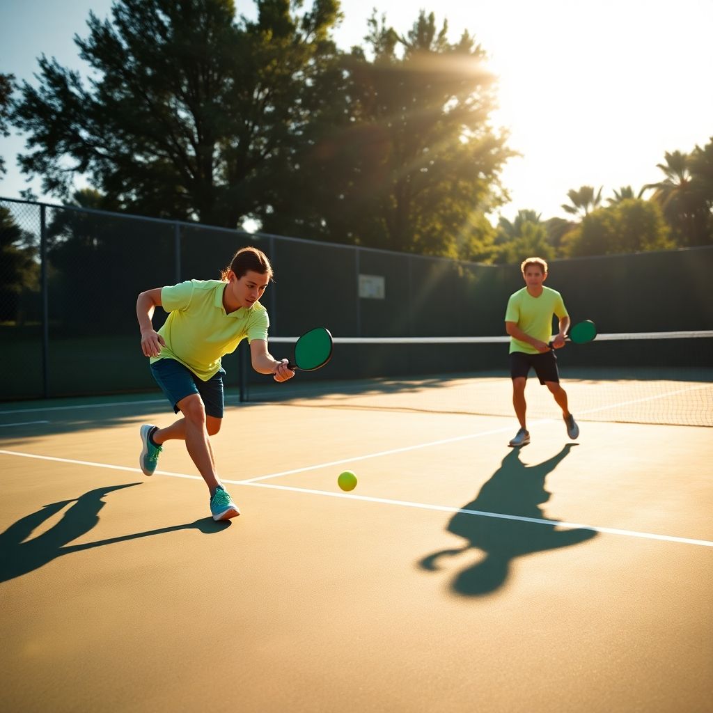 Pickleball players in action on a court.