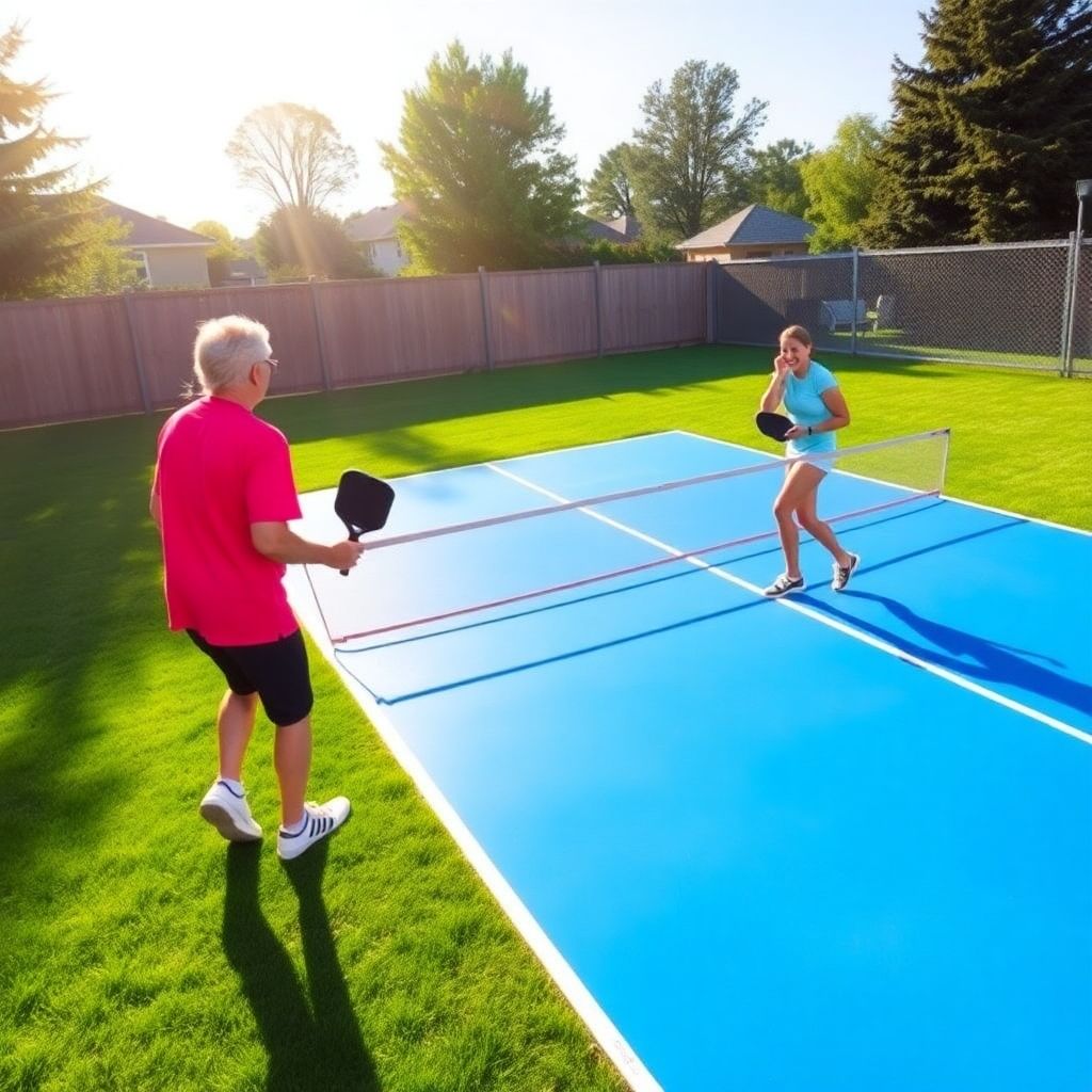 Backyard pickleball court with people playing.