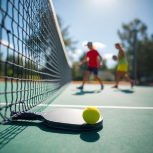 Two people playing pickleball outdoors, court, net.