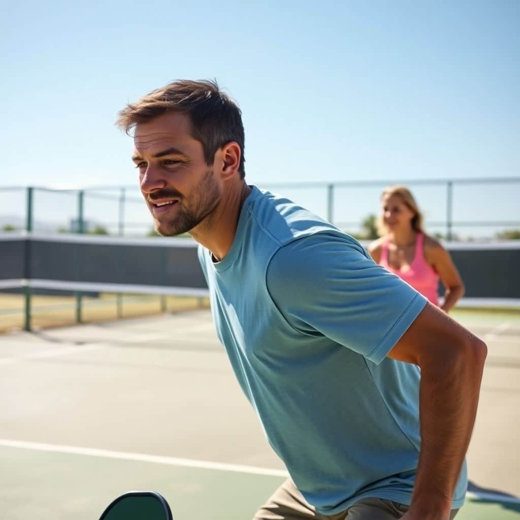 Two pickleball players mid-game on an outdoor court.