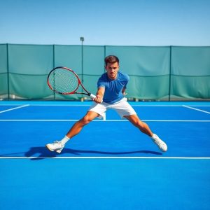 Tennis player lunging on court.
