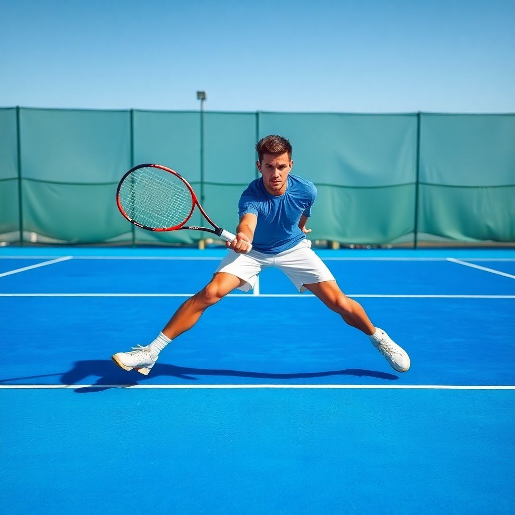 Tennis player lunging on court.