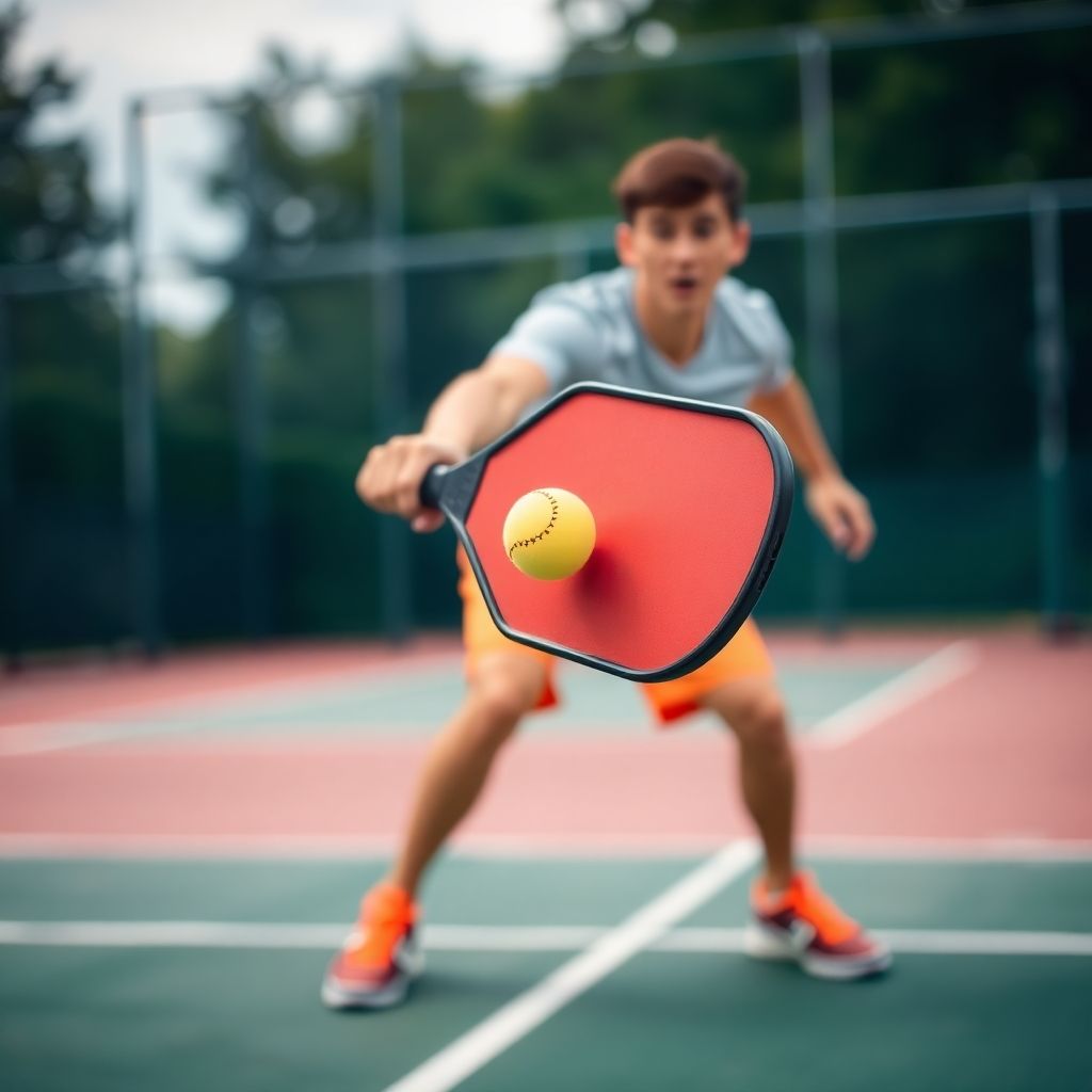 Pickleball player executing a powerful forehand shot.