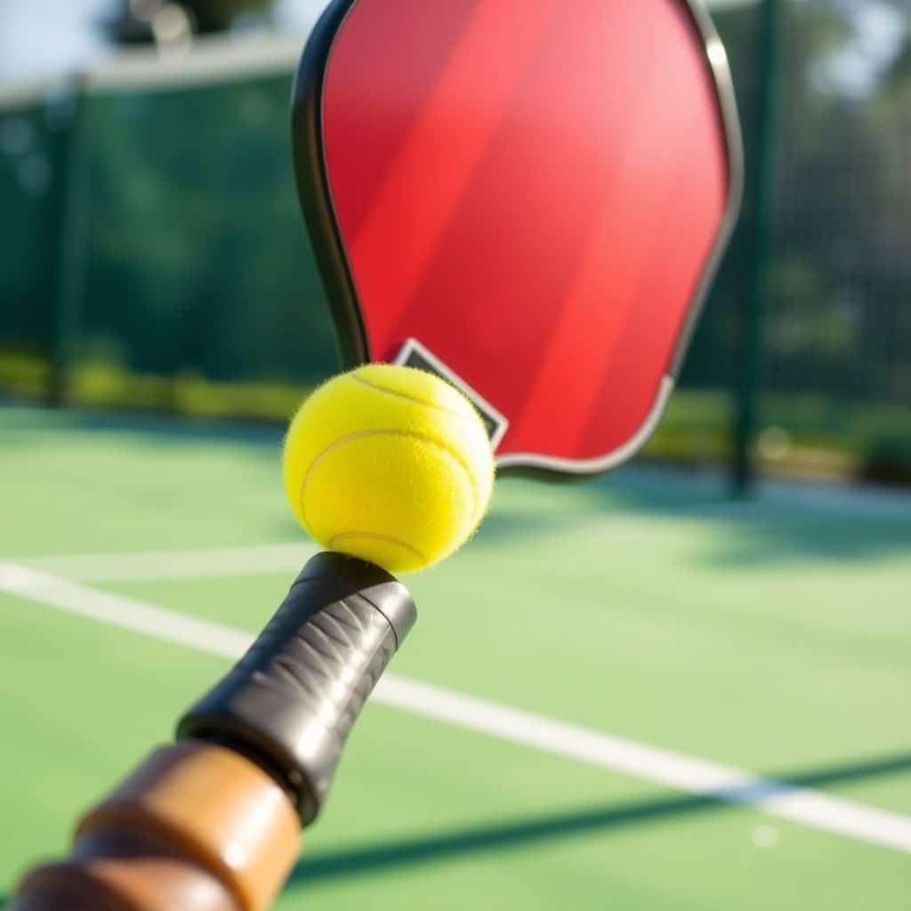 Pickleball paddle hitting a ball on a court.