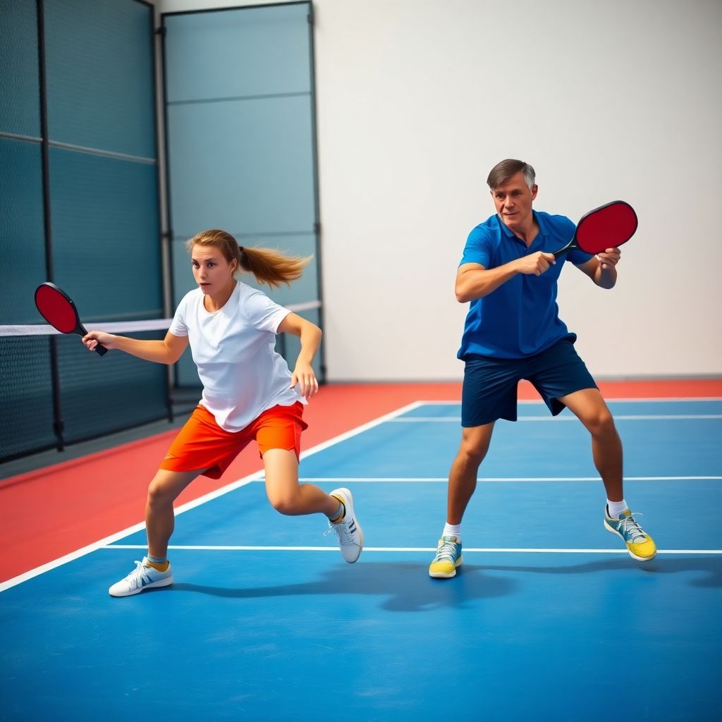 Pickleball players in action on a court.