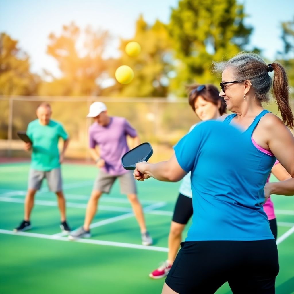 Four people playing pickleball outdoors on a sunny day.