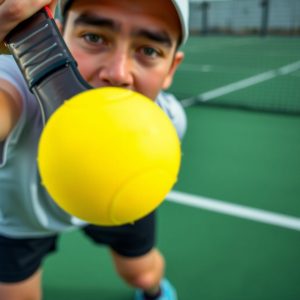 Pickleball player intently hitting ball on court.