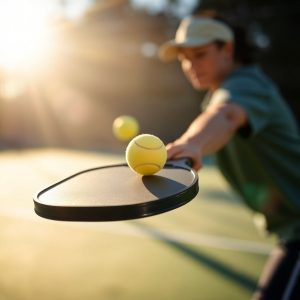 Pickleball player executing a reset shot at the kitchen line.