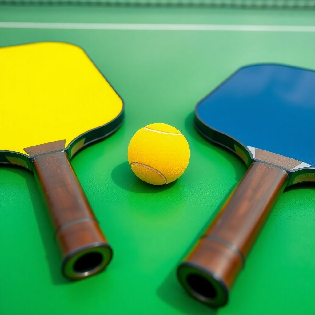 Pickleball paddles and ball on court.