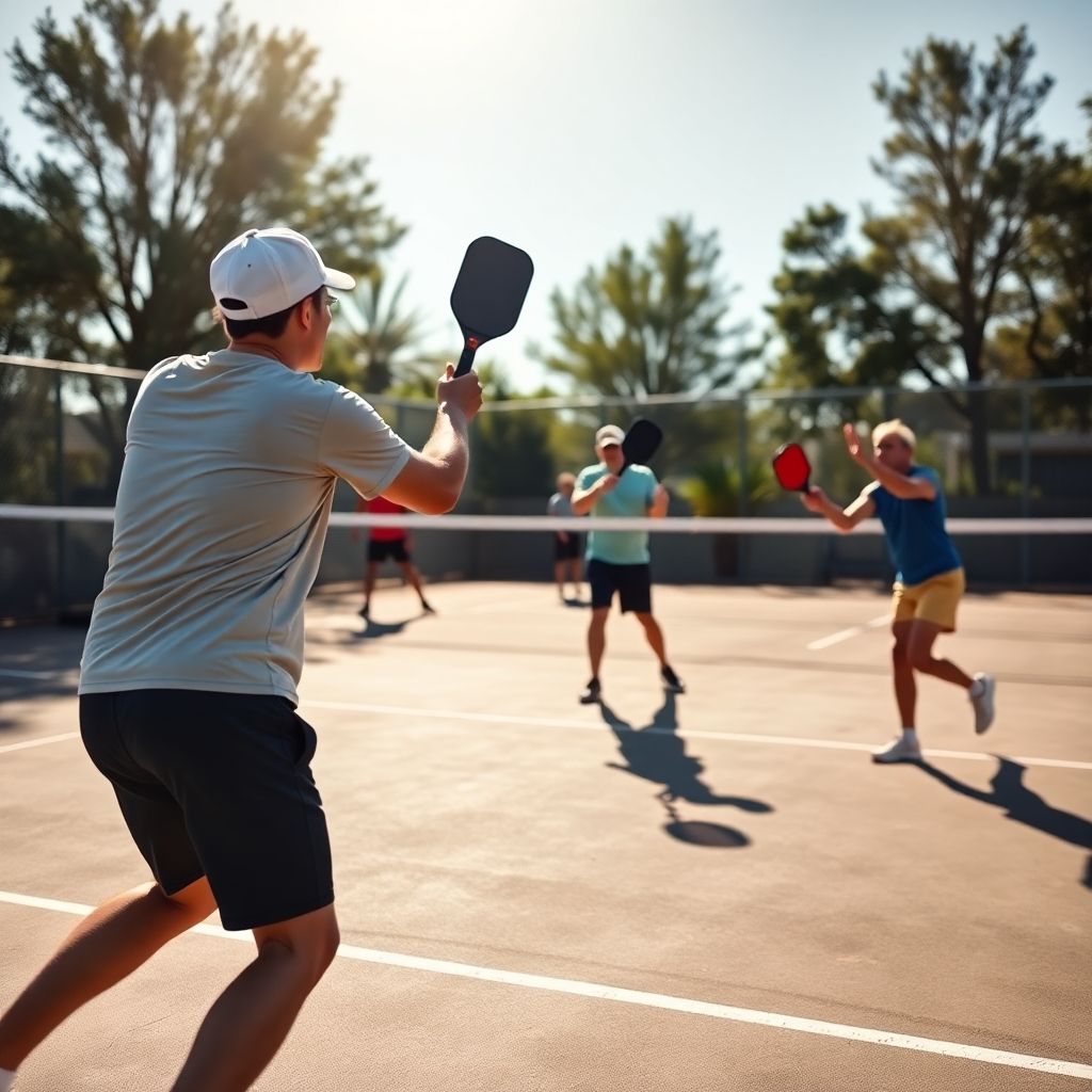 Pickleball players executing forehand and backhand shots on court.