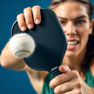 Pickleball player executing a powerful serve with focus.