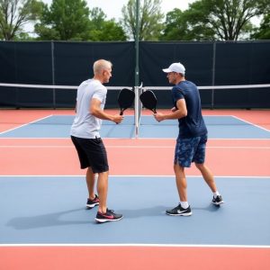 Pickleball players in strategic doubles court positions.