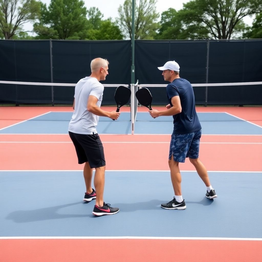 Pickleball players in strategic doubles court positions.