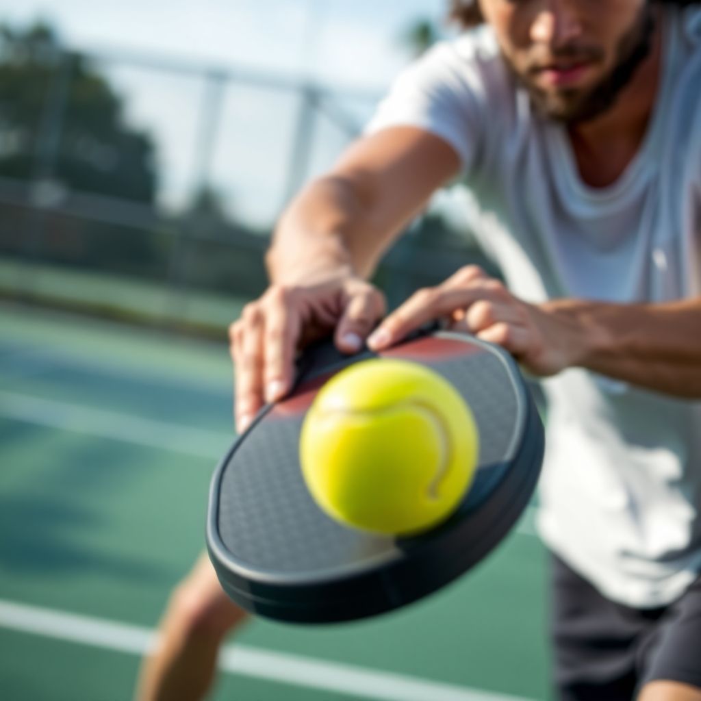 Pickleball player hitting a powerful forehand shot.