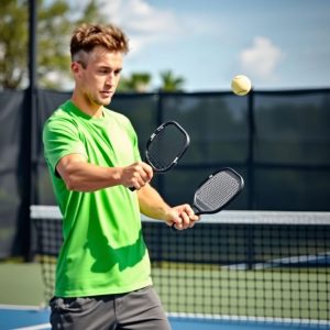Pickleball player executing a precise third shot drop.